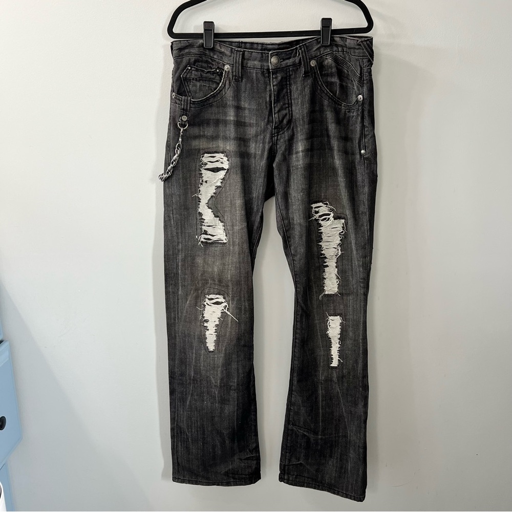 G by Guess Men’s Black Cotton Distressed Chain Jeans Size 34 Relaxed Fit